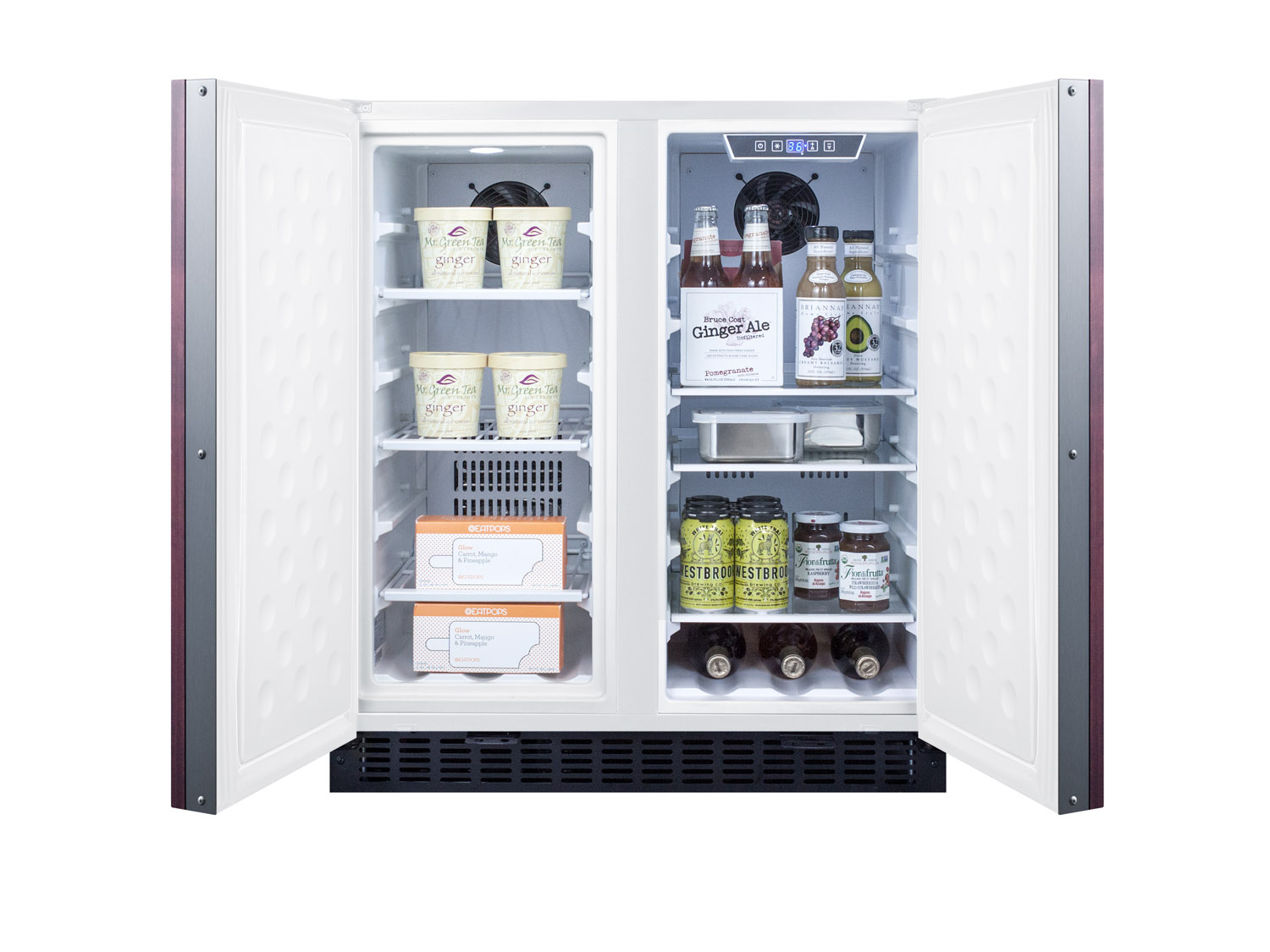 Frost-free side-by-side refrigerator-freezer for built-in or freestanding use with white cabinet, panel-ready doors, door storage, and digital controls